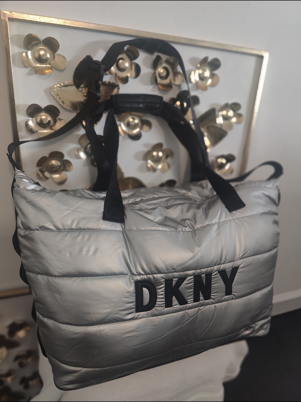 Authentic DKNY Silver Quilted Tote Travel Bag